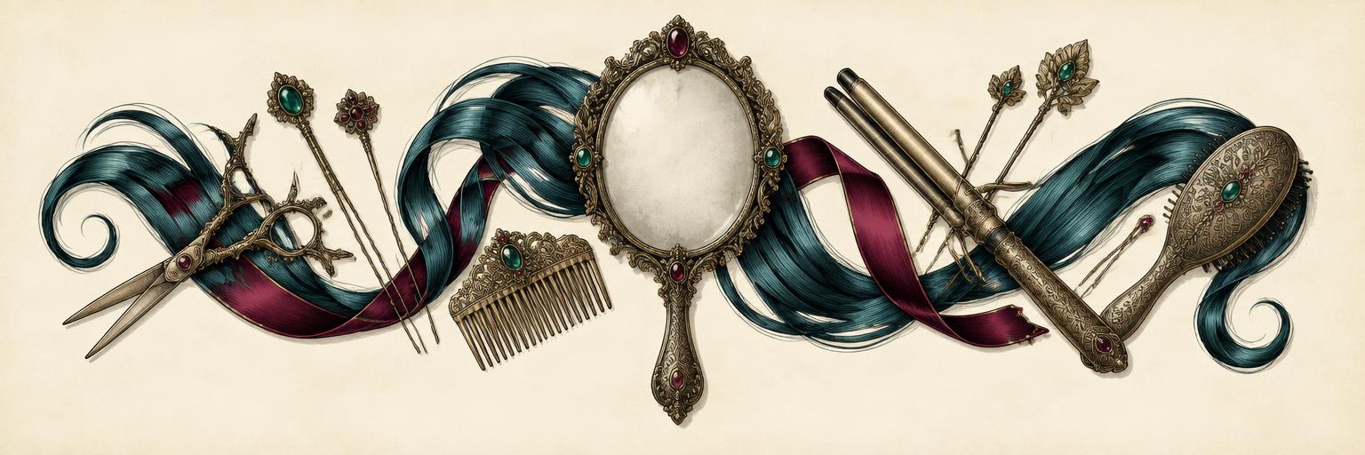 Illustrated collection of ornate salon tools, a mirror and flowing hair